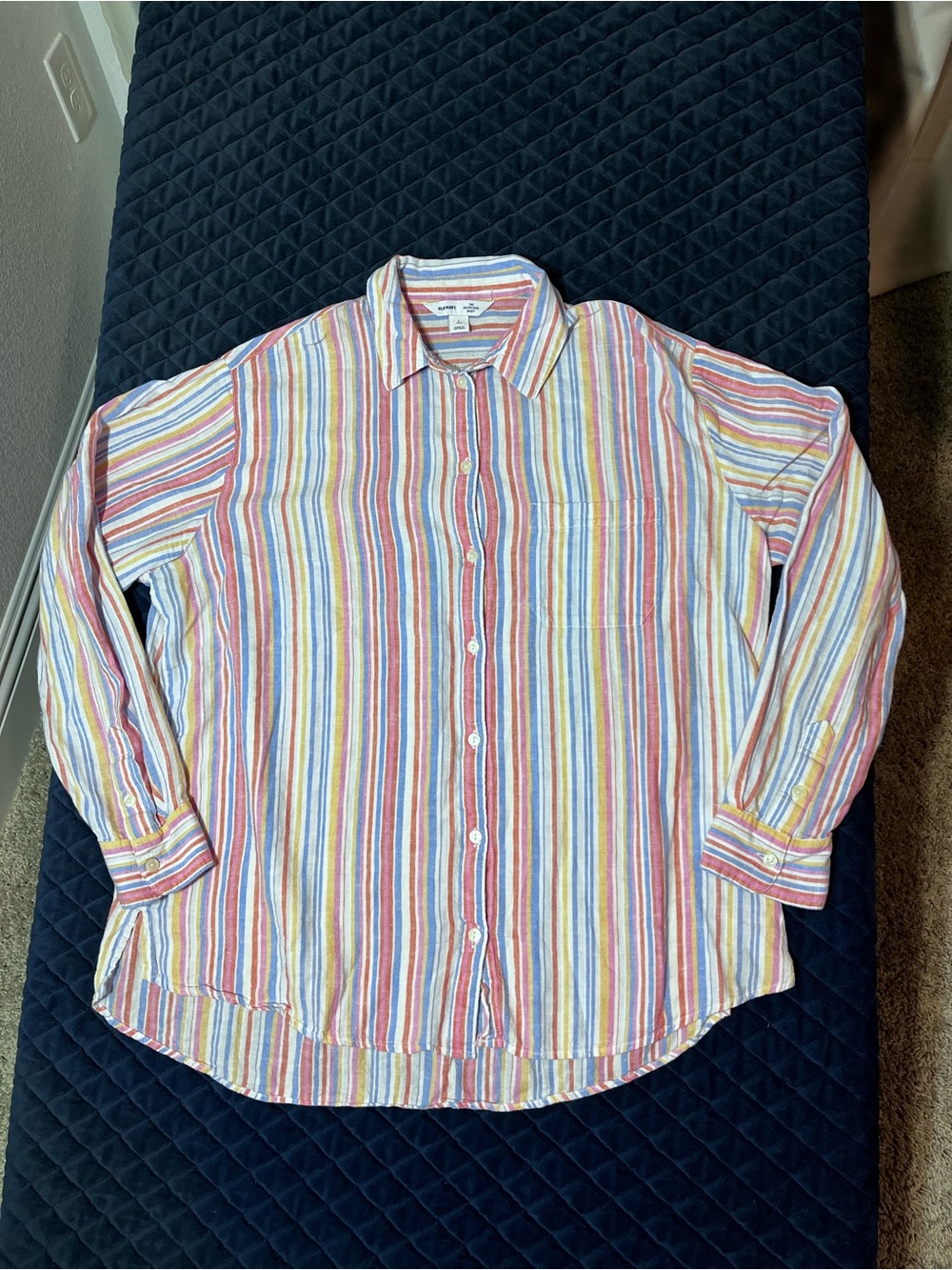 Old Navy Multicolor Striped Button-Down Shirt - Casual - Tall Large - 55% Linen